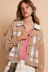 POL Corduroy Jacquard Patchwork Button Up Jacket Teddy Bear Multicolor OutfitFlow